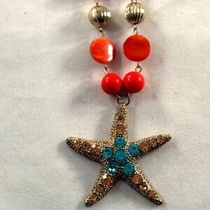 Beach theme necklace with starfish pendant, vintage, signed Jules
